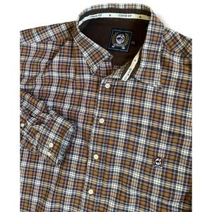 Cinch Mens XXL Plaid Button Down Shirt Brown Tan Red Long Sleeve Cotton Western